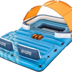 Tropical Breeze 6 Person Inflatable Party Island Large Relaxing Water Float with Detachable Sunshade and Cooler Bag