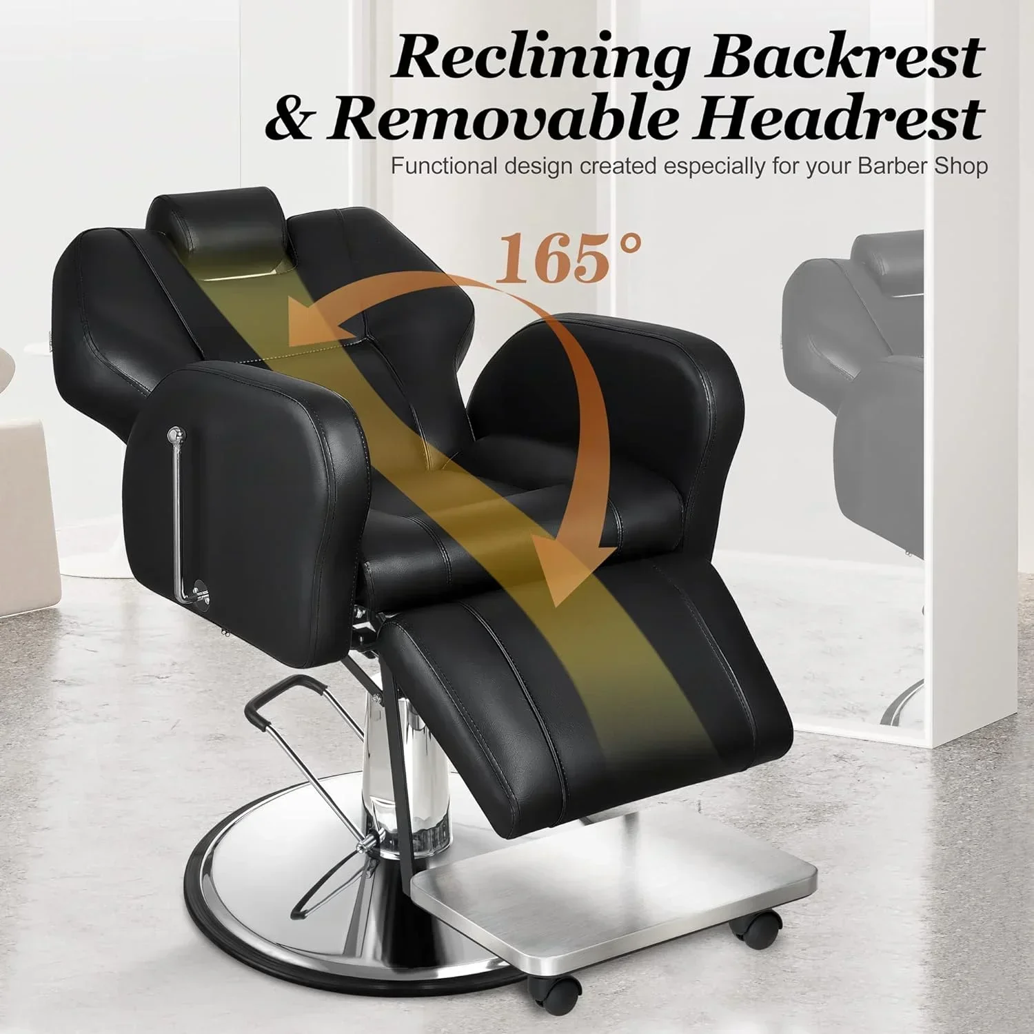 Baasha Reclining Barber Chair, 165 Degree, Heavy-Duty Steel Frame, Black - Image 4