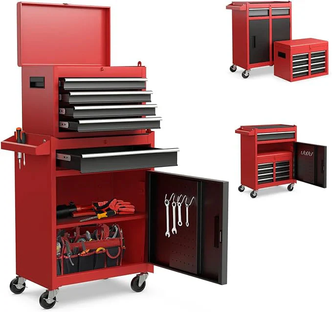 Goplus Rolling toolbox, 5-drawer toolbox organizer with lockable wheels and sliding drawers, removable top and adjustable shelves, garage workshop tool storage cabinet - Image 2