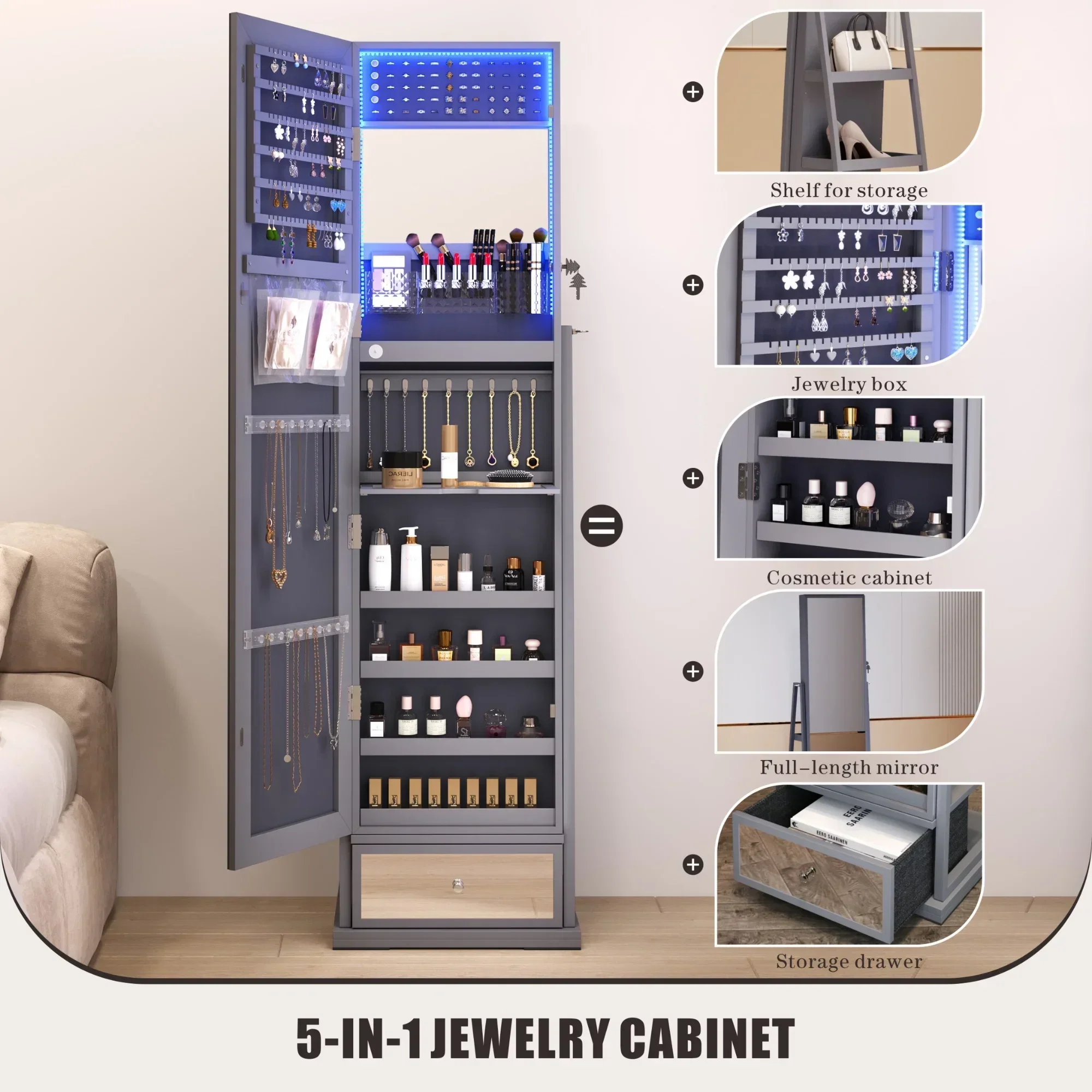 FREDEES Standing Jewelry Cabinet With Full-Length Mirror, Lights, Engineered Wood, Gray, 14 in D x 15 in W x 64 in H - Image 4