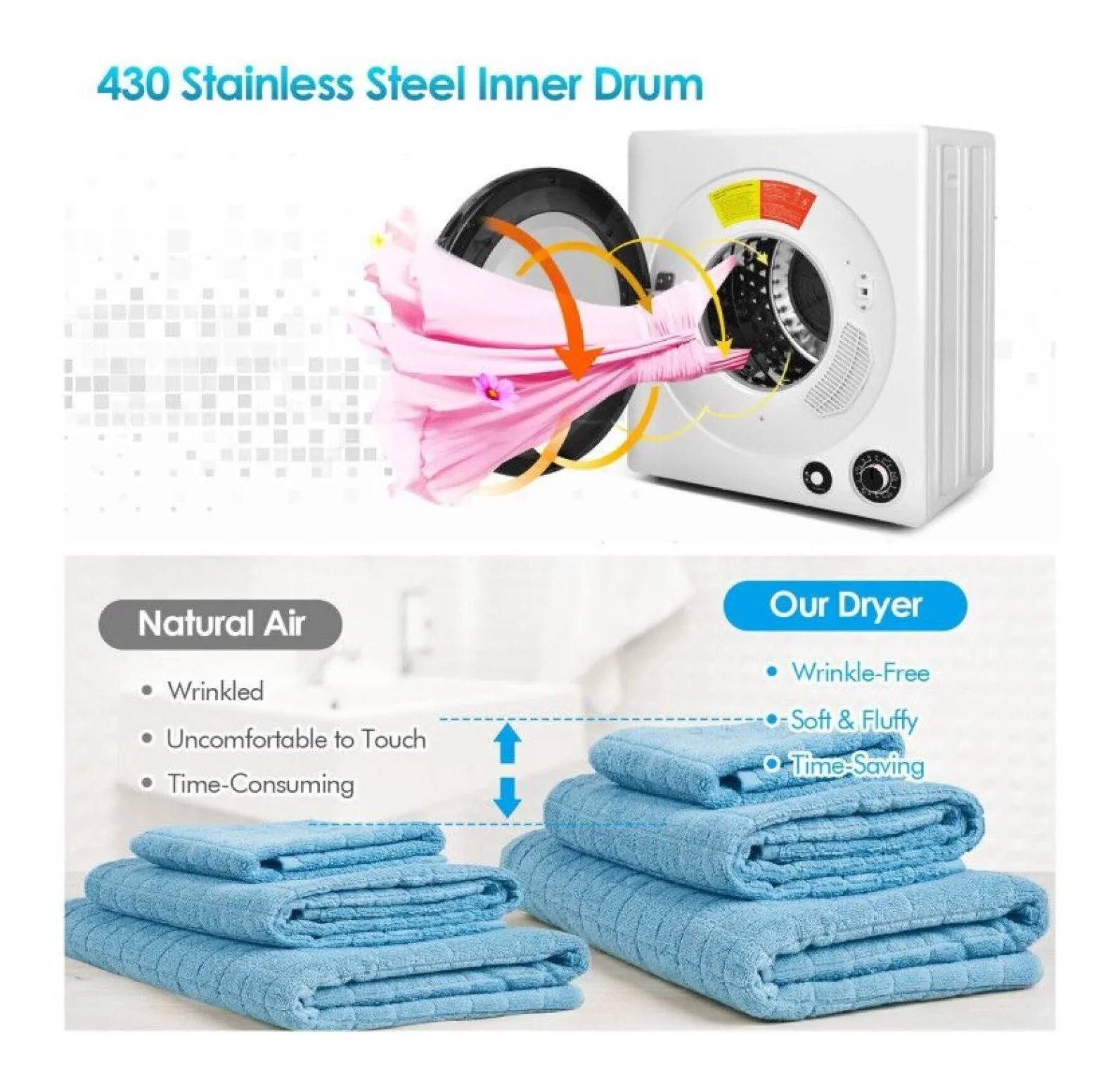 Compact Electric Tumble Dryer, 13.2lbs, White, Stainless Steel Tub, 4 Drying Modes, 2 Heat Settings - Image 6