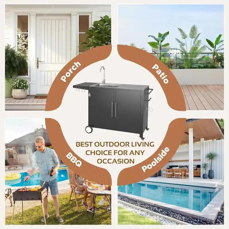 AECOJOY Stainless Steel Outdoor Kitchen Sink with Hose Hookup and Grill Prep Table Island Cabinets - Image 8