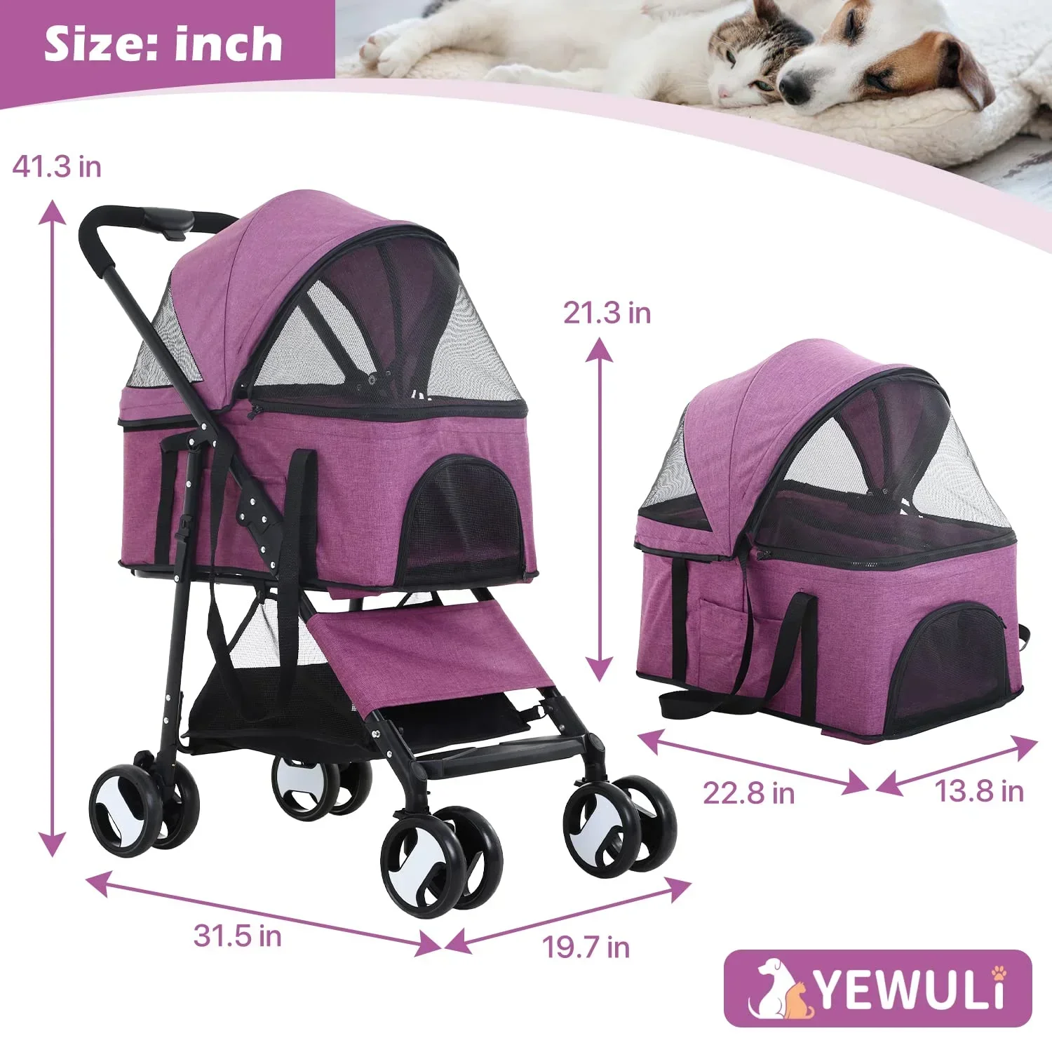 NiamVelo 3-in-1 Detachable Pet Stroller With 4 Wheels, Purple - Image 7