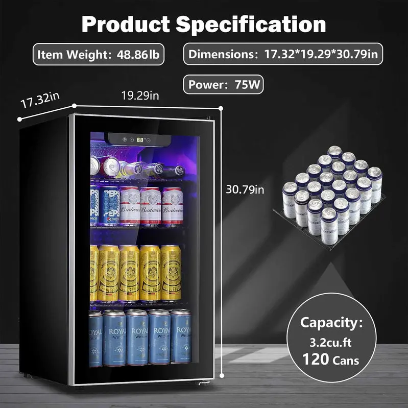 Auseo 126-Can Beverage Cooler, 3.2 Cu Ft, Glass Door, Black - Image 5