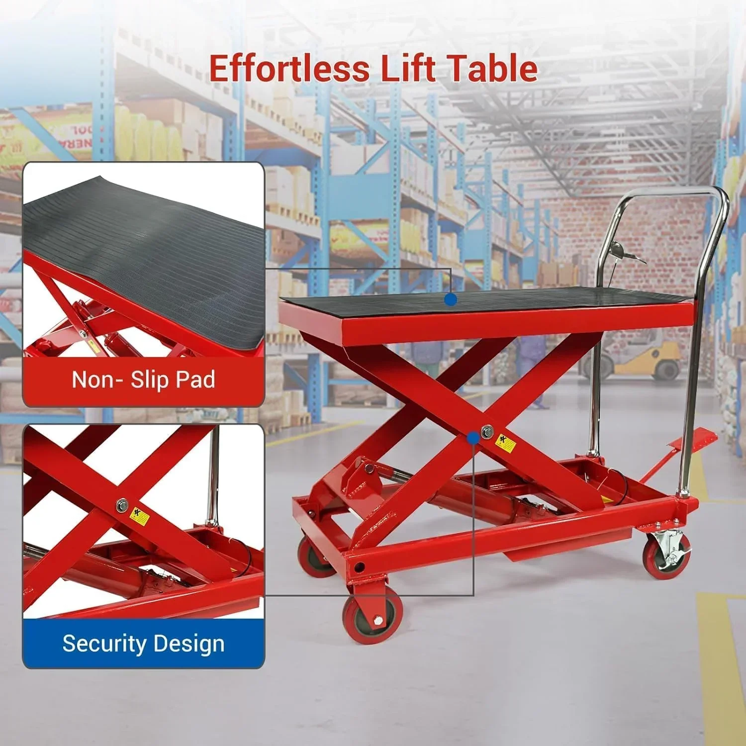 500LBS Hydraulic Lift Table Cart, 30" Lifting Height., Double Scissor Lift Table with 4 Wheels and Non-Slip Pad, Hydraulic Scissor Lift Table for Material Handling and Transportation - Image 15