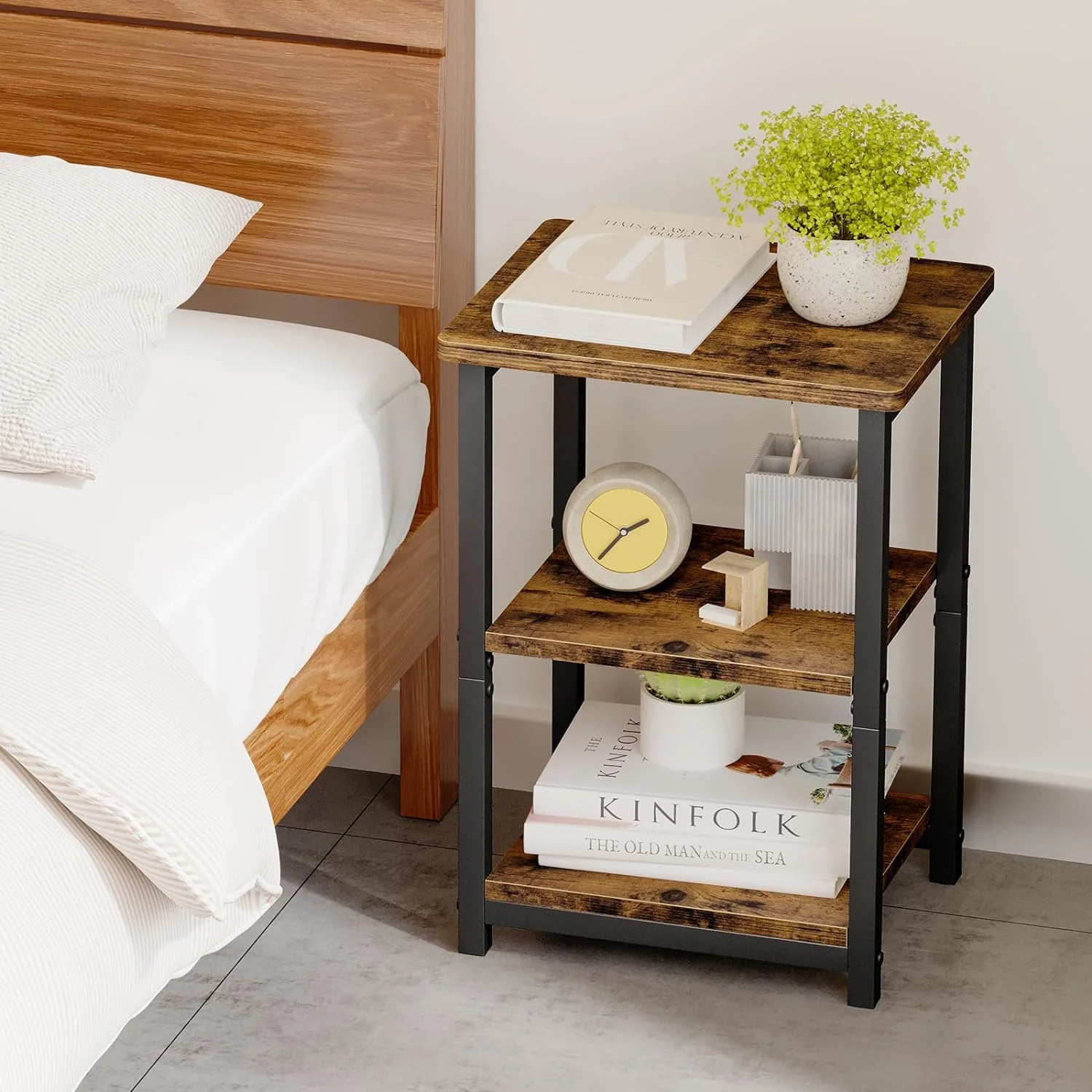 Rustic Brown Nightstand with Charging Station, 2 Fabric Drawers & Open Shelves - Image 5