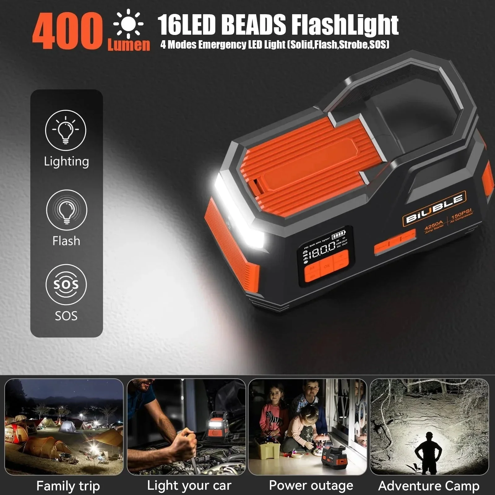 Car Jump Starter with Air Compressor, 4500A Peak 26800mAh 12V Auto with 150PSI Tire Inflatorup to All Gas or 10.0L Diesel Engine - Image 5