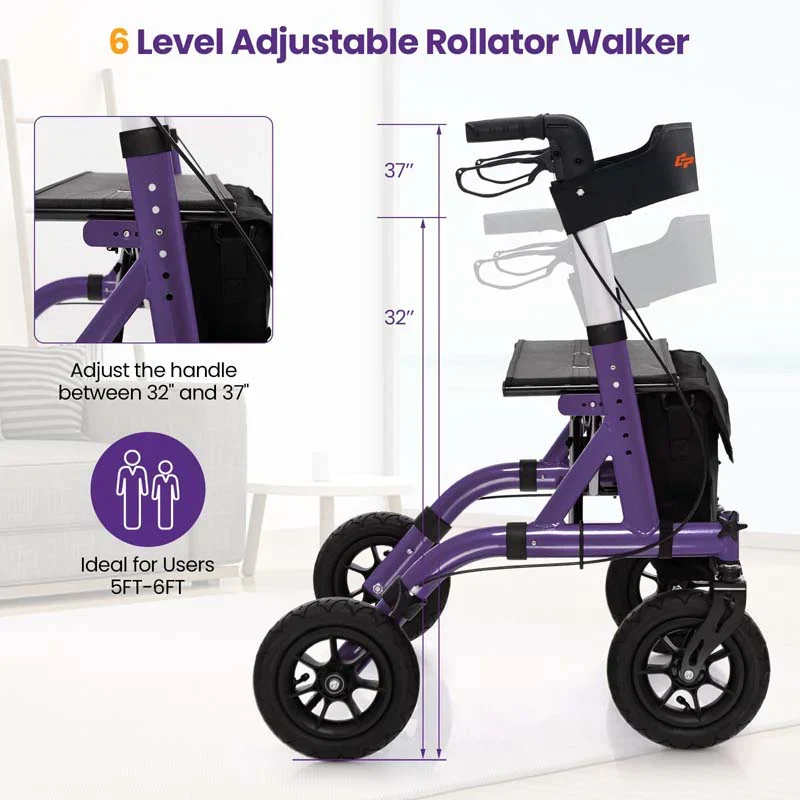 Foldable Rolling Rollator Walker With Seat, 9.5 Inch Pneumatic Wheels - Image 5
