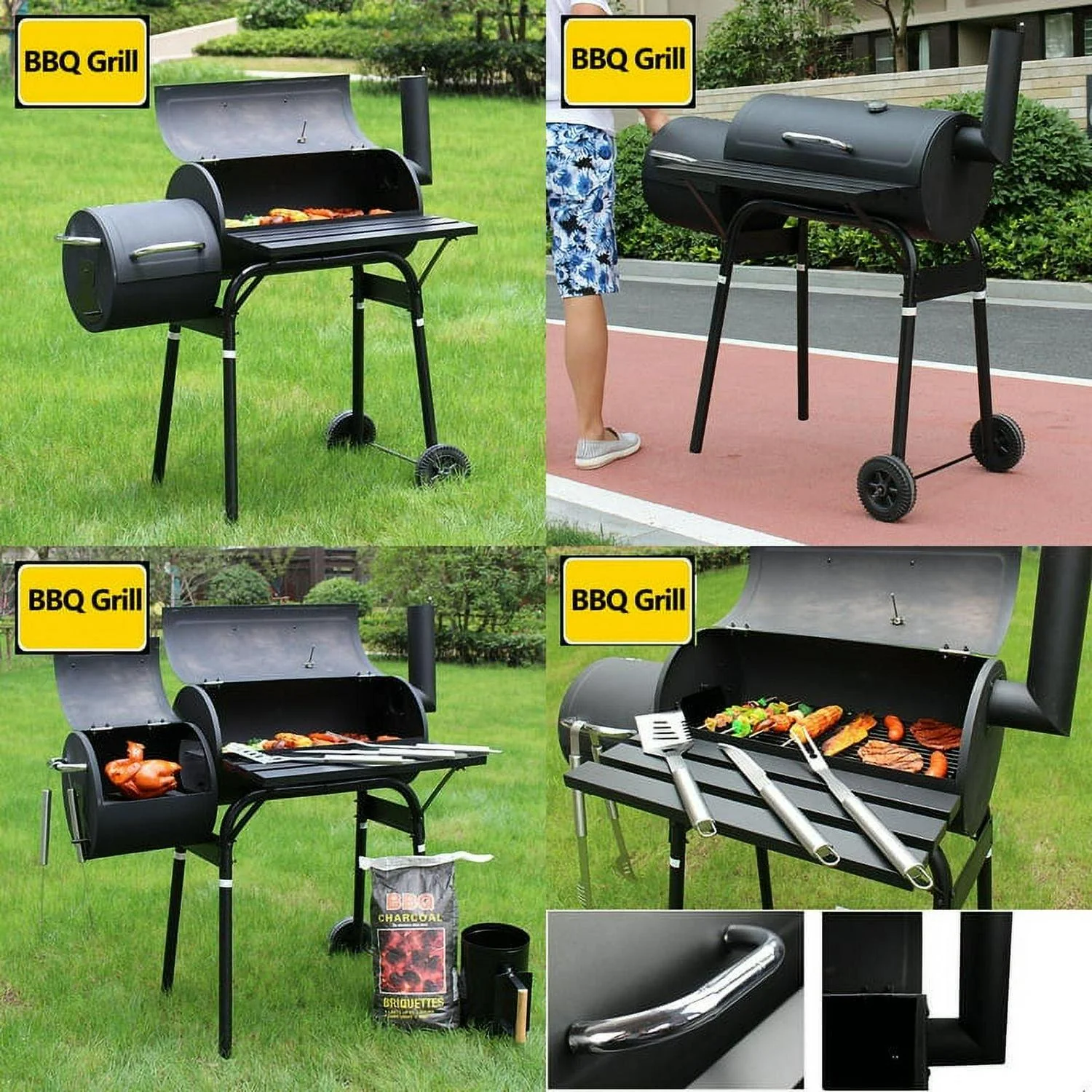 Vebreda Portable Charcoal BBQ Grill with Offset Smoker, Steel, Black, Thermometer, Wheels - Image 6