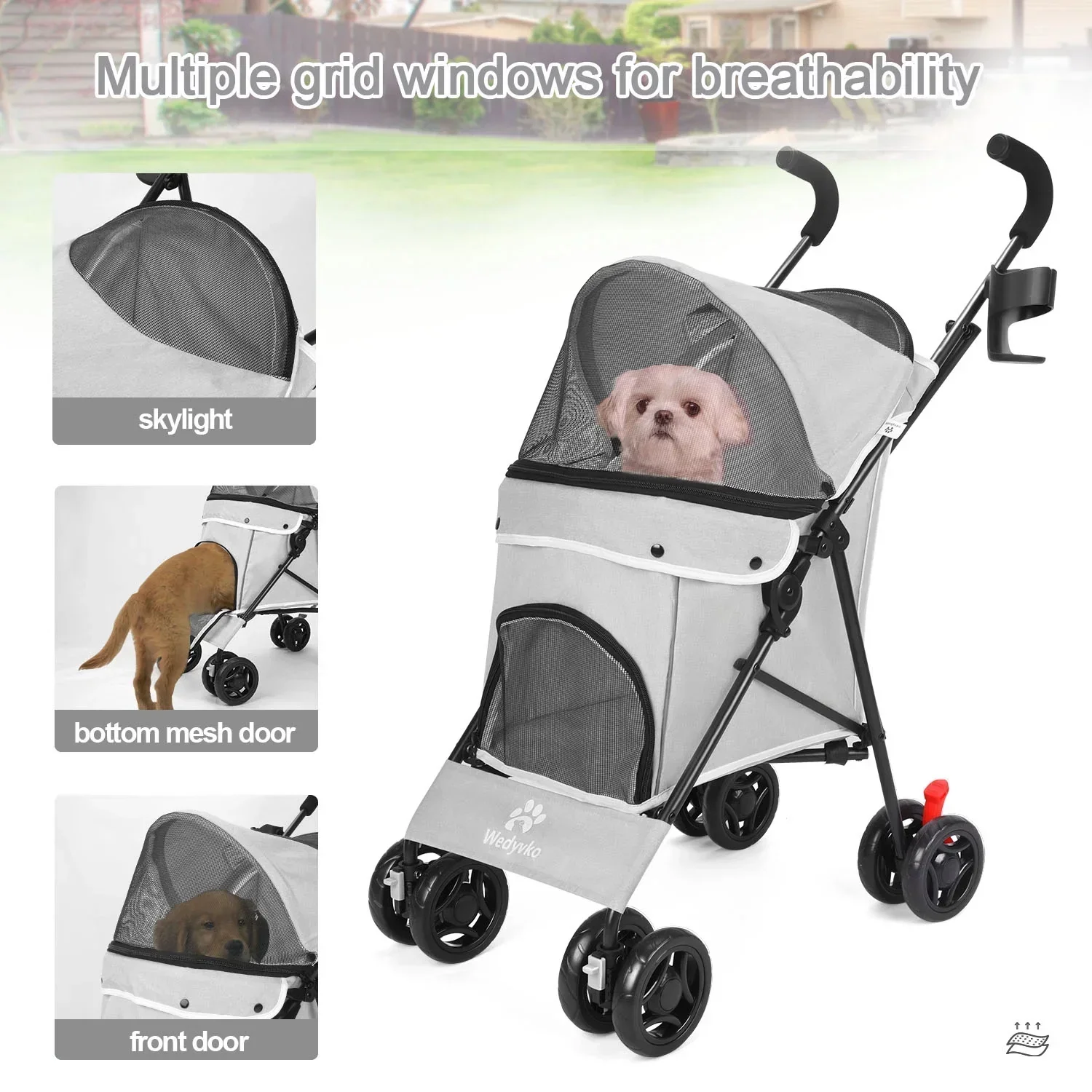 4-Wheel Foldable Cat And Dog Stroller With Storage Basket And 360 Degree Front Wheels - Gray - Image 2
