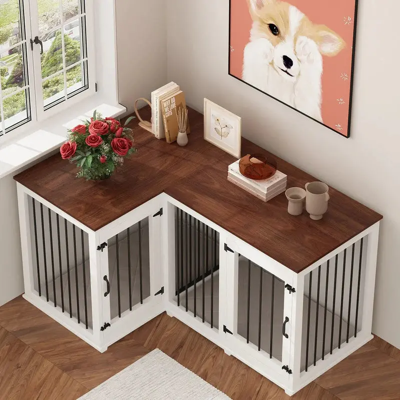 L-Shaped Corner Dog Crate Furniture For 2 Dogs, 58.7 x 41.1 - Image 5