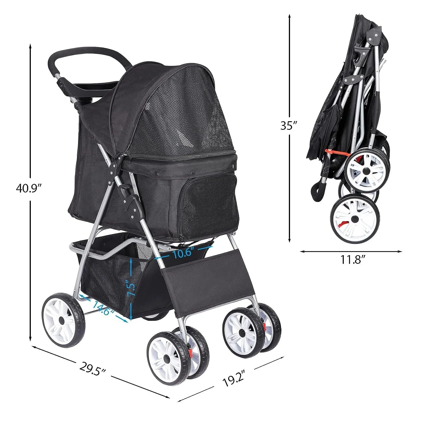 Foldable Cat/Dog Pet Stroller With 4 Wheel, Storage Basket, Cup Holder - Black - Image 6