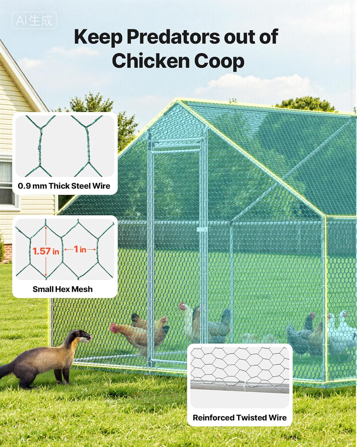 VEVOR Walk-In Metal Chicken Coop With Cover, 19.7 x 9.8 x 6.5 ft, Spire Roof And Security Lock - Image 4