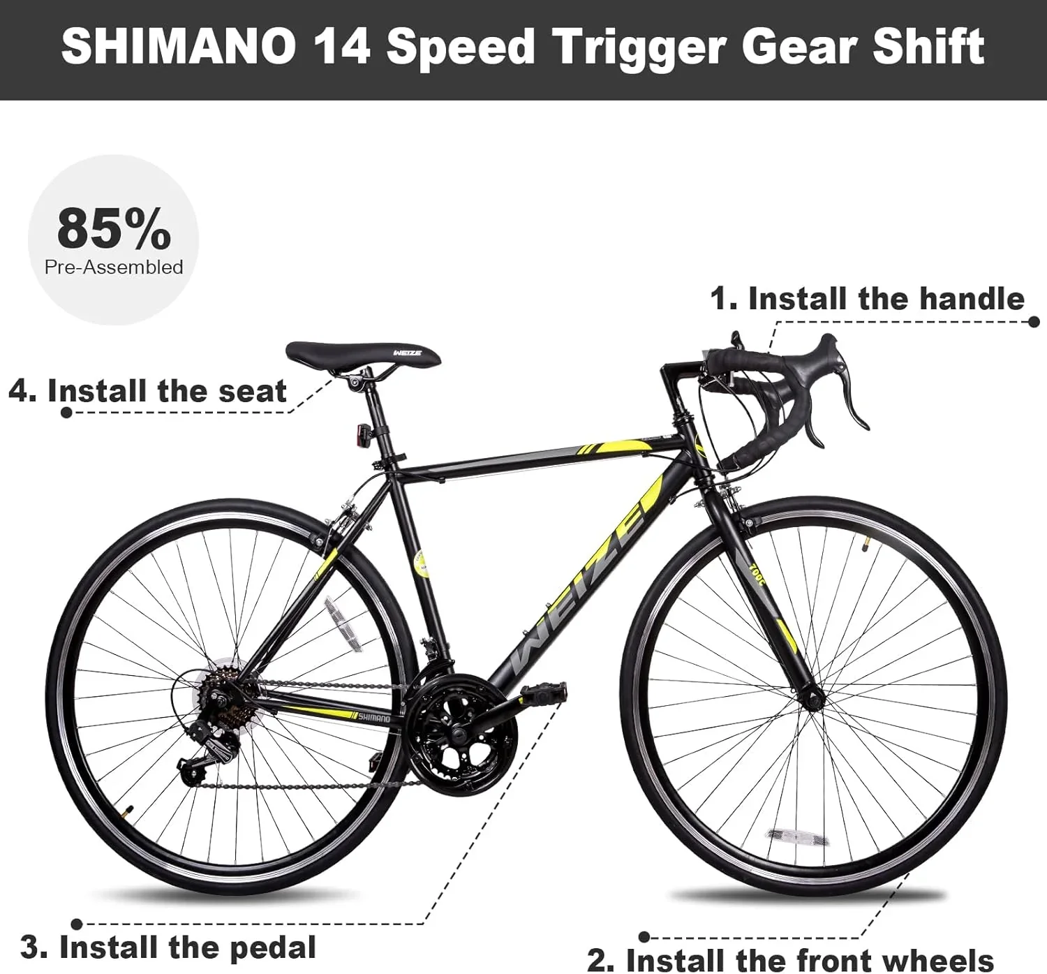 WEIZE Road Bike, 700C Wheel City Commuter Bicycle, Shimano 14 Speed Drop Bar, Racing Adult Bike with Caliper Brakes, High-Carbon Steel Hybrid Bikes - Image 15