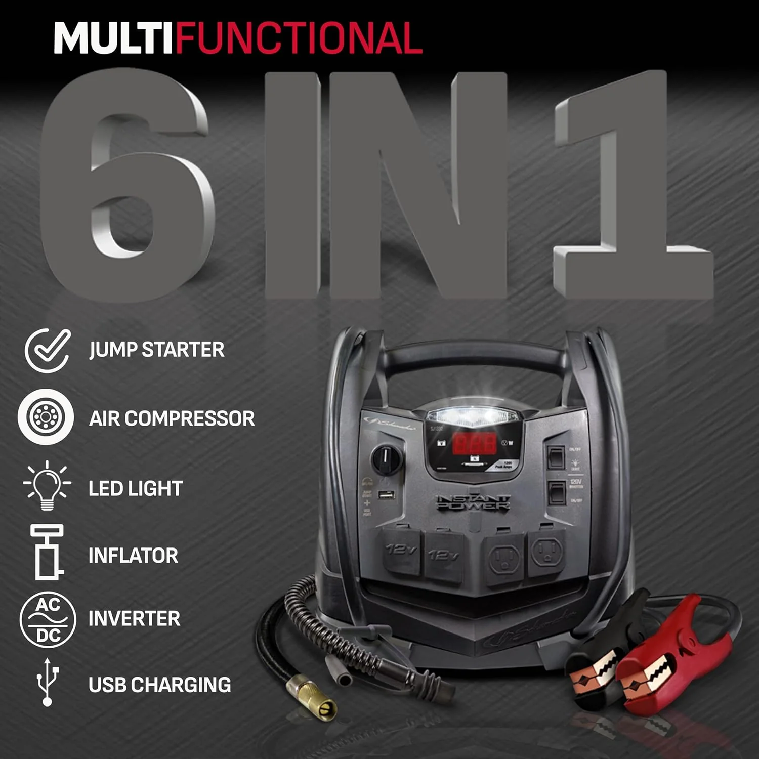 SJ1332 6-in-1 Portable Power Station and Jump Starter with 150-PSI Air Compressor and 200 Continuous/400 Peak Watt Power Inverter, 1200 Peak Amps, 12 Volts, Black, 1 unit - Image 2