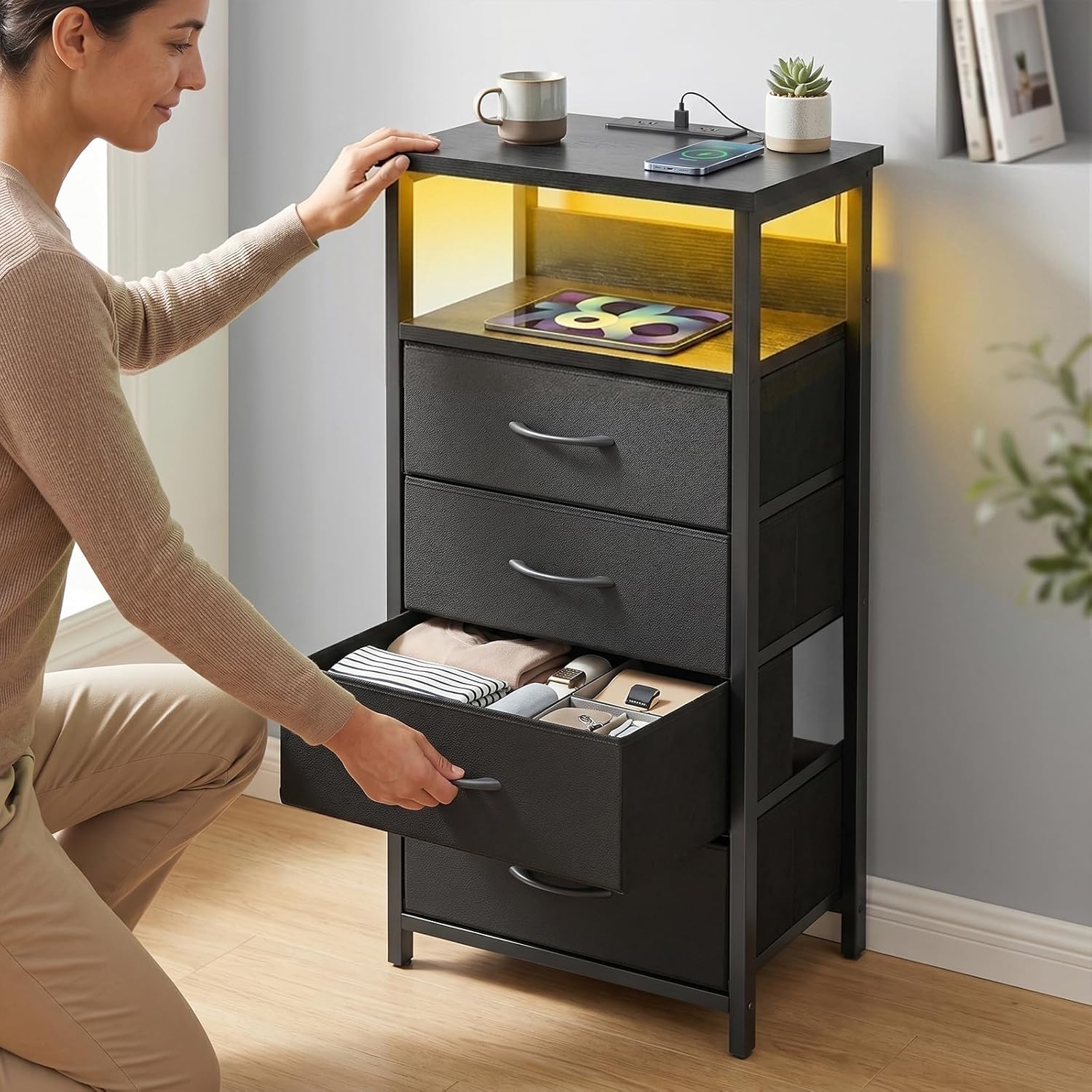 Black Tall Nightstand with Charging Station, 4 Fabric Drawers, RGB LED & Open Shelves - Image 8