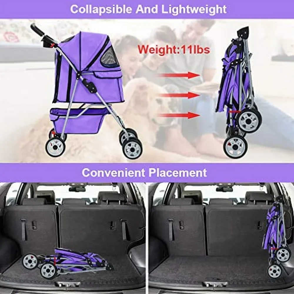 BestPet Cat Carrier Stroller, 4 Wheels, Purple - Image 6