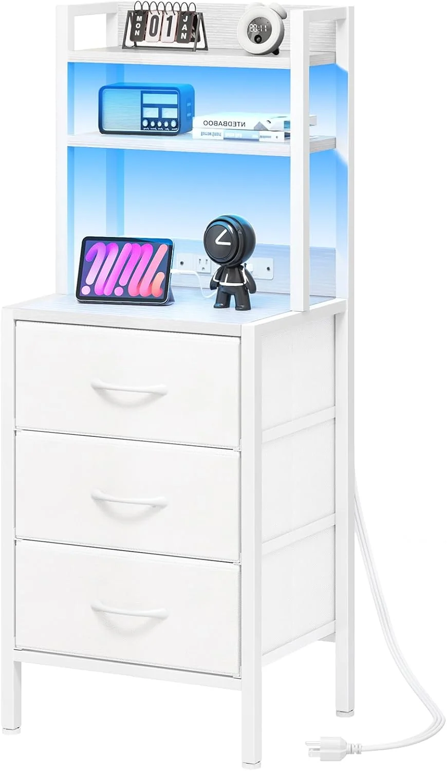 Tall White Nightstand with Charging Station, 3 Fabric Drawers, RGB LED & Bookshelf,White - Image 3