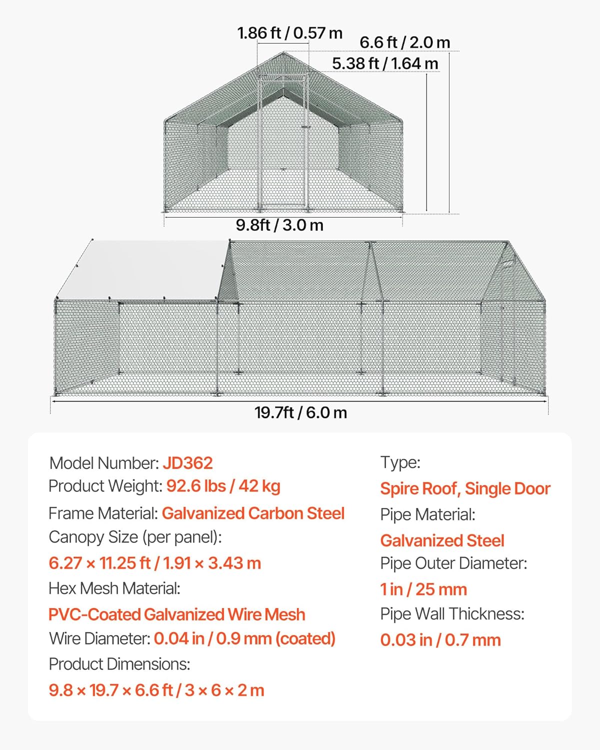 VEVOR Walk-In Metal Chicken Coop With Cover, 19.7 x 9.8 x 6.5 ft, Spire Roof And Security Lock - Image 7