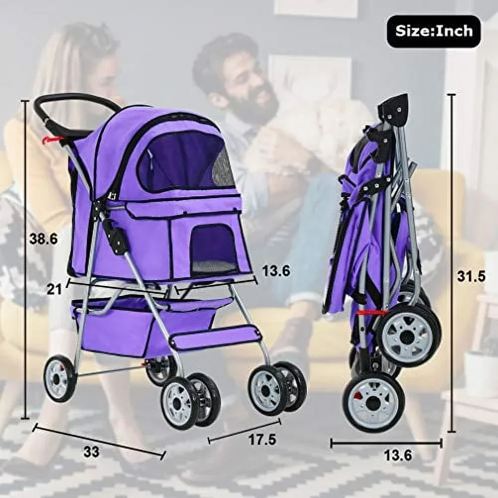 BestPet Cat Carrier Stroller, 4 Wheels, Purple - Image 2