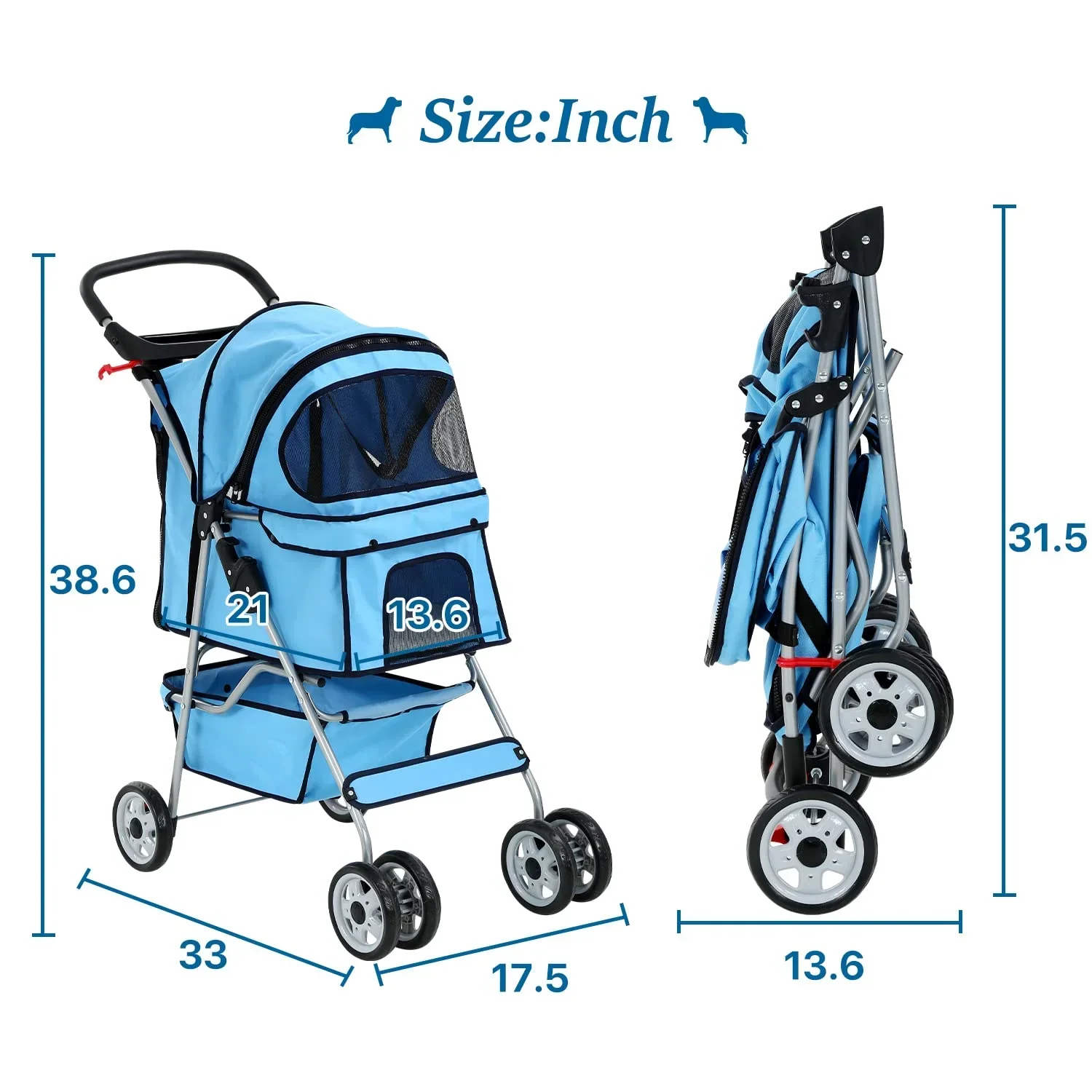 Dkelincs Folding Pet Stroller With Cup Holder And Storage Basket, Blue - 35 lbs - Image 7
