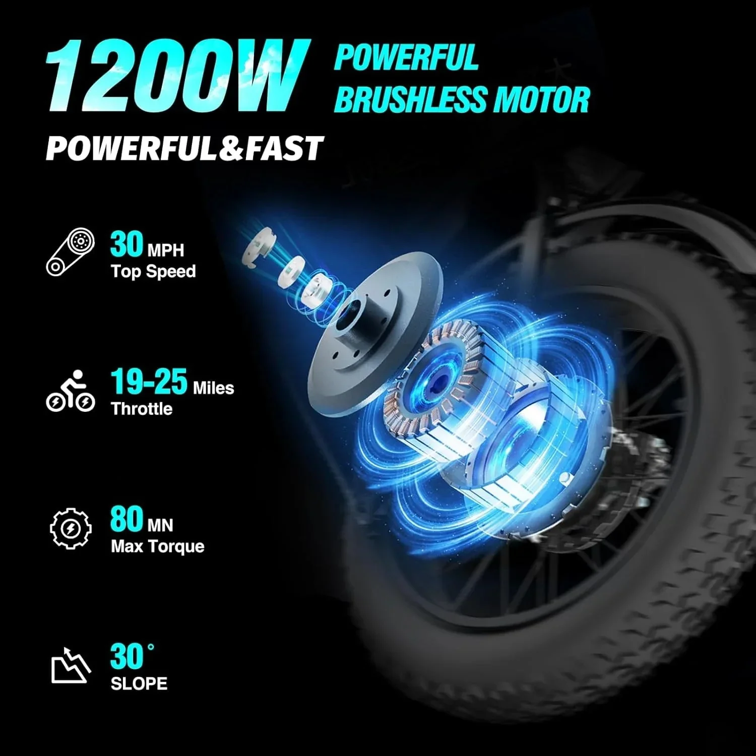 Ridstar electric bicycle for adults, 1200 W, 48 km/h mountain bike, 48 V 15.6 Ah battery, 20" fat bike tires, 7-speed full suspension - Image 2