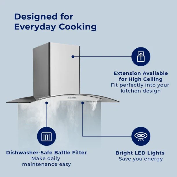 Wall Mount Range Hood 30 inch Convertible Tempered Glass 3-Speed 450 CFM - 3375B - Image 3