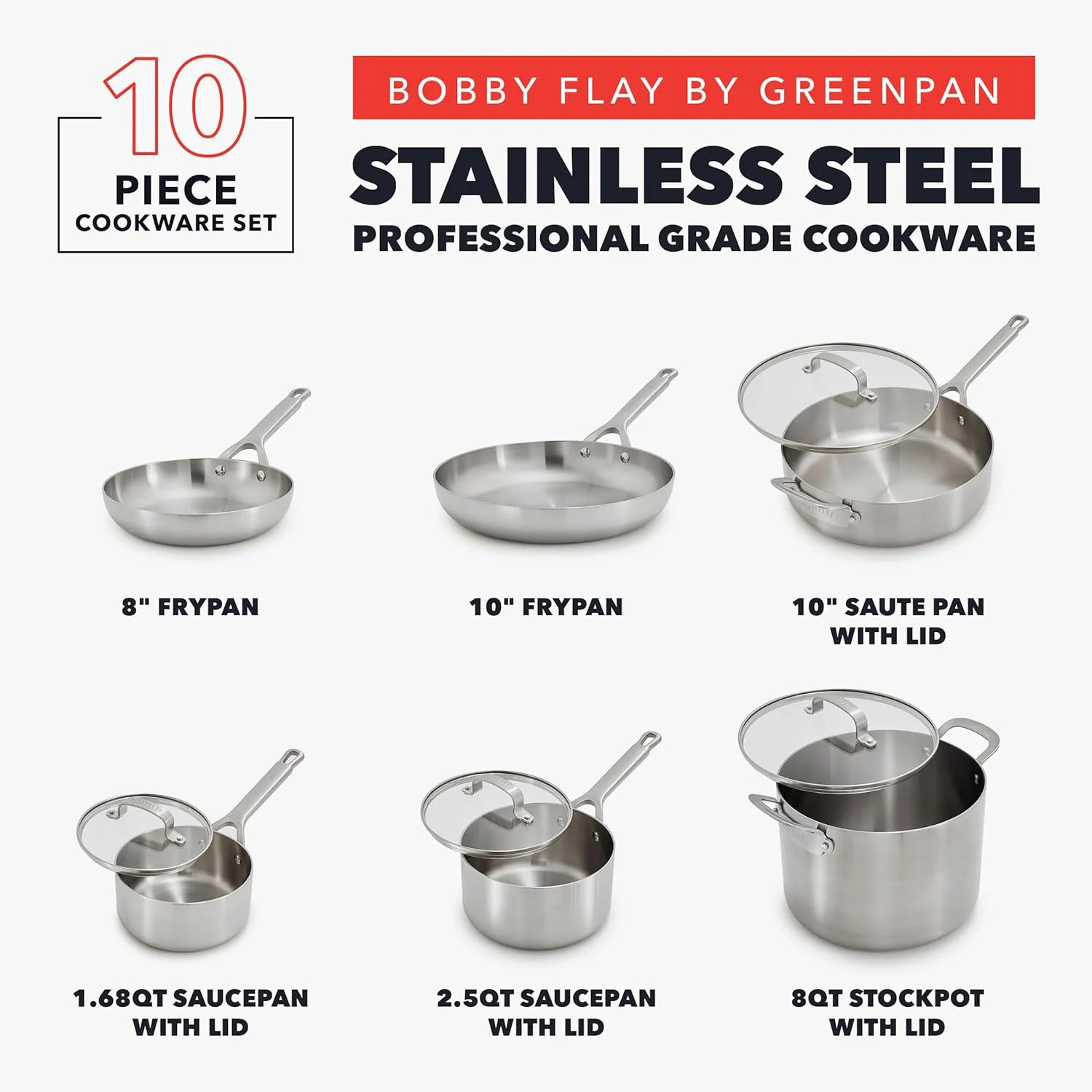 GreenPan x Bobby Flay 10 Piece Stainless Steel Tri-Ply Cookware Set - 8QT Stockpot - Image 3
