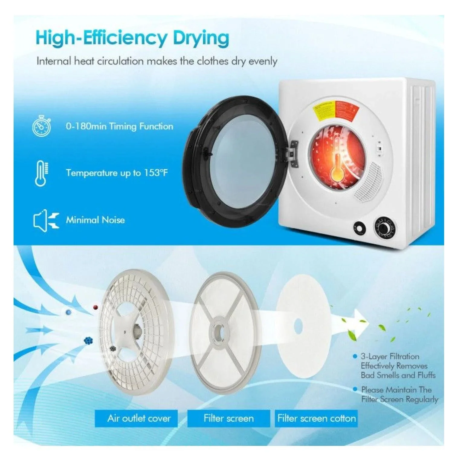 Compact Electric Tumble Dryer, 13.2lbs, White, Stainless Steel Tub, 4 Drying Modes, 2 Heat Settings - Image 9