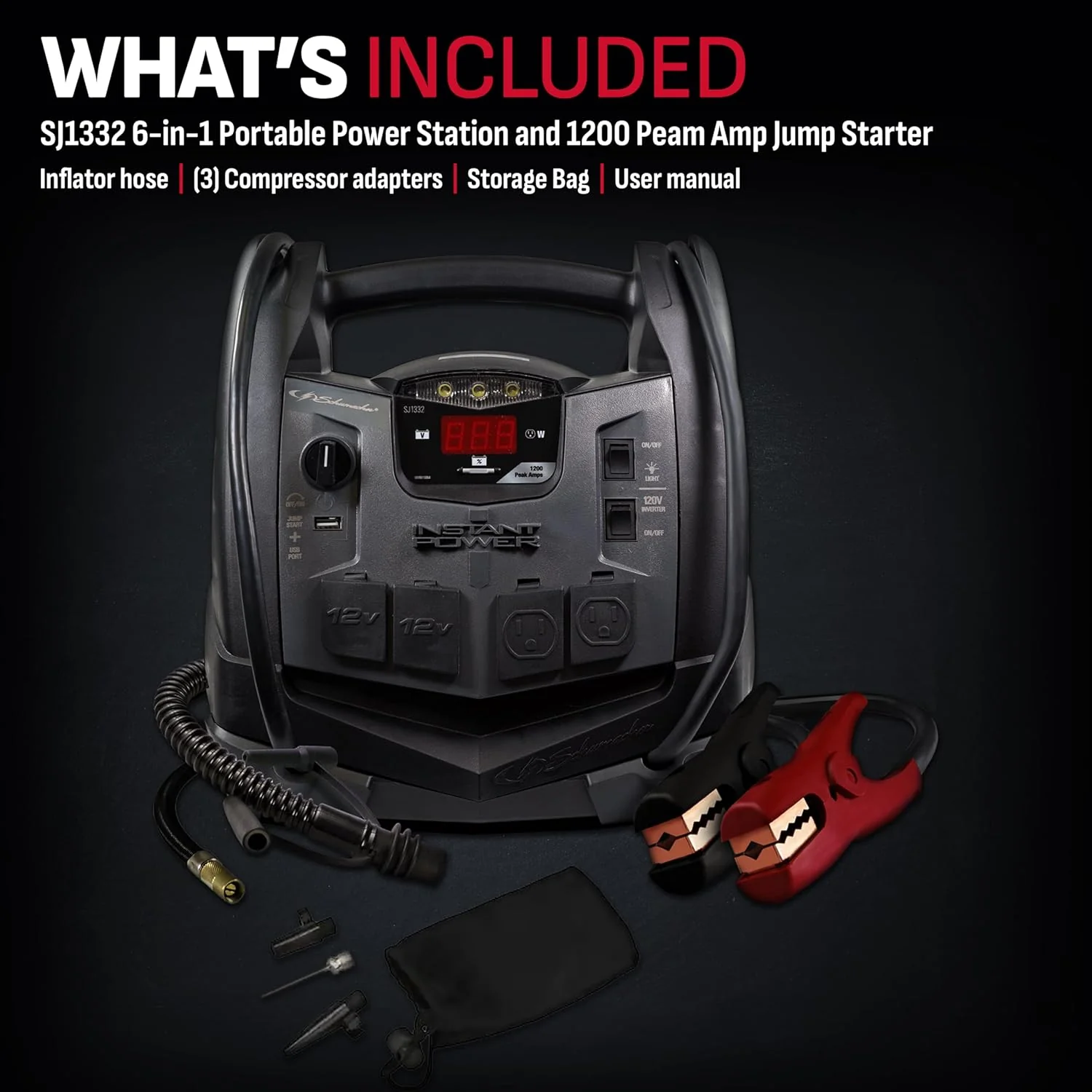 SJ1332 6-in-1 Portable Power Station and Jump Starter with 150-PSI Air Compressor and 200 Continuous/400 Peak Watt Power Inverter, 1200 Peak Amps, 12 Volts, Black, 1 unit - Image 3