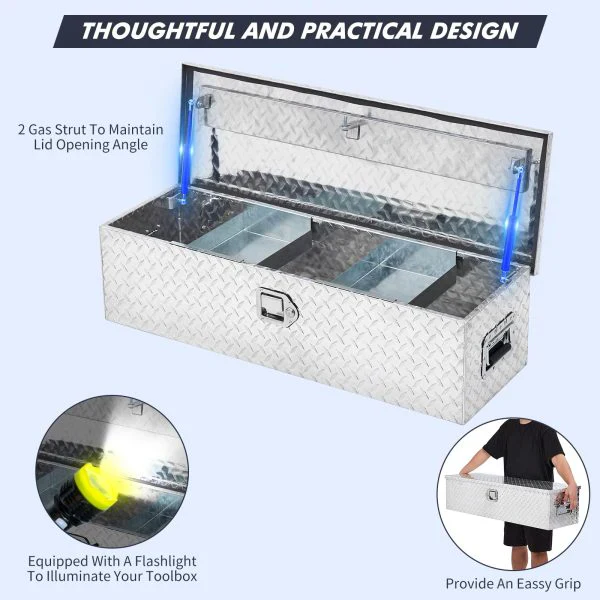 48 Inch Diamond Plate Truck Bed Tool Box with Shelf Silver - Image 3