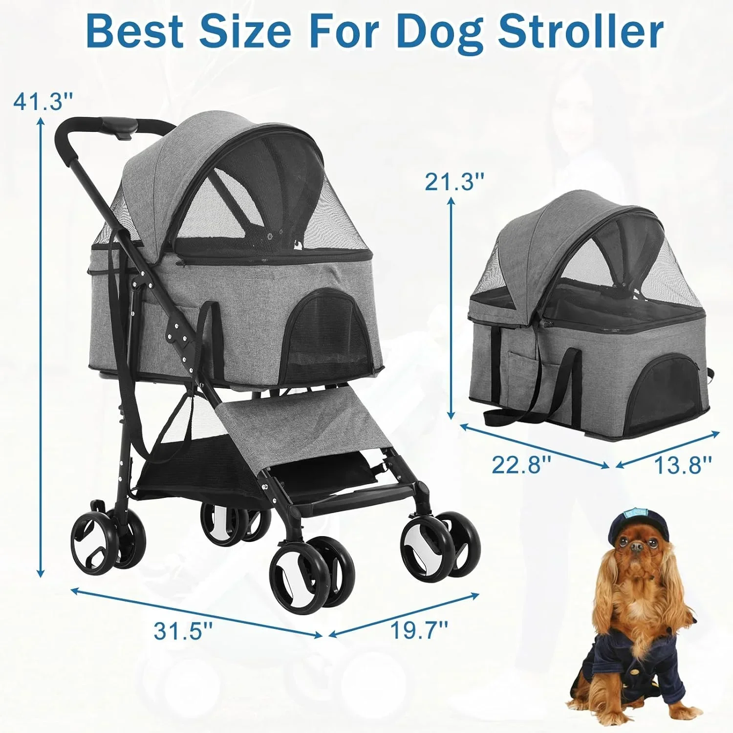 Dkeli 3-in-1 Folding Pet Stroller With Detachable Carrier And Car Seat, 44 Lbs - Image 9