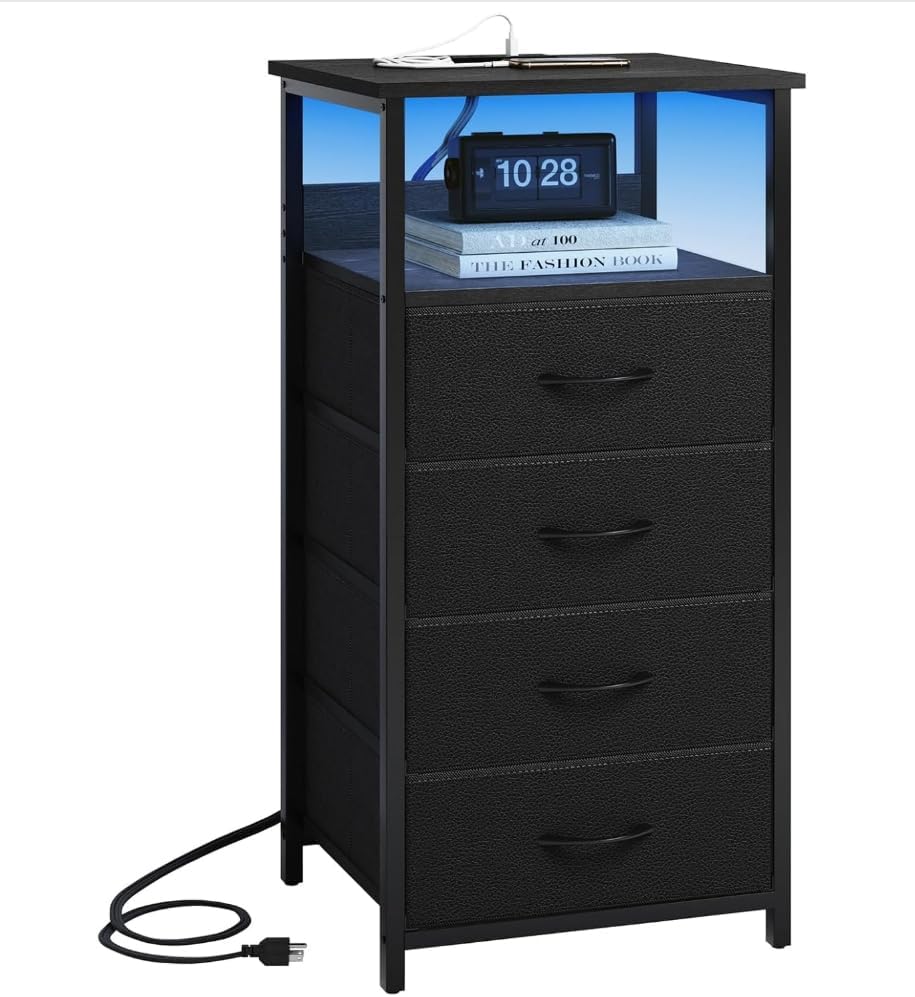 Black Tall Nightstand with Charging Station, 4 Fabric Drawers, RGB LED & Open Shelves - Image 4