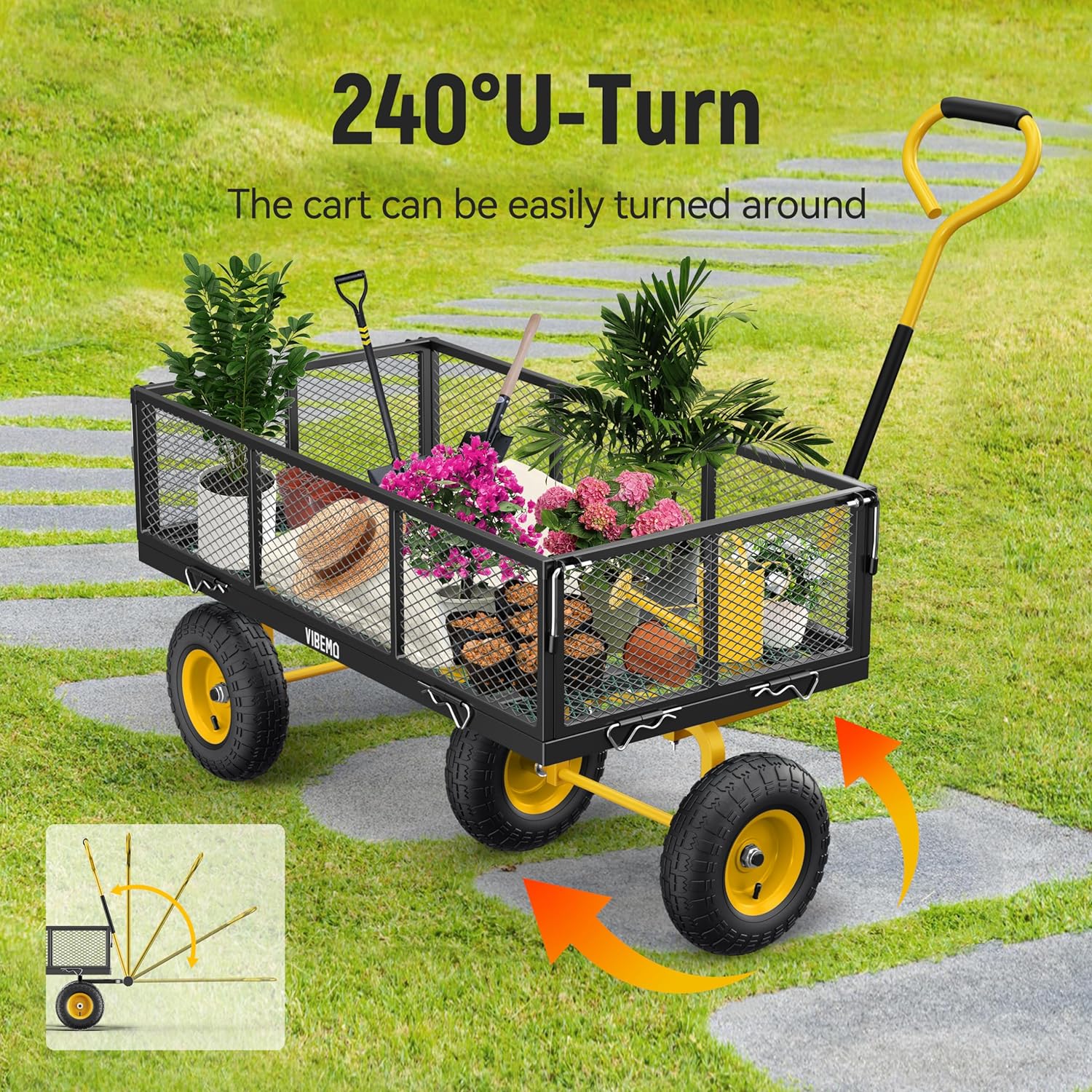Steel Garden Cart 2-in-1 1400 lbs Heavy Duty Utility Wagon with Removable Mesh Sides to Convert into Flatbed 240?? U-Turn 13" Pneumatic Tires Garden Wagon for Farm Yard Lawn Garden Camping - Image 13