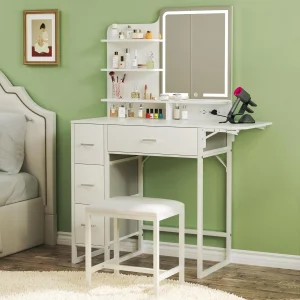 Fixwal 36.6" Makeup Vanity Table with 4 Drawers, LED Lighted Mirror & Charging Station