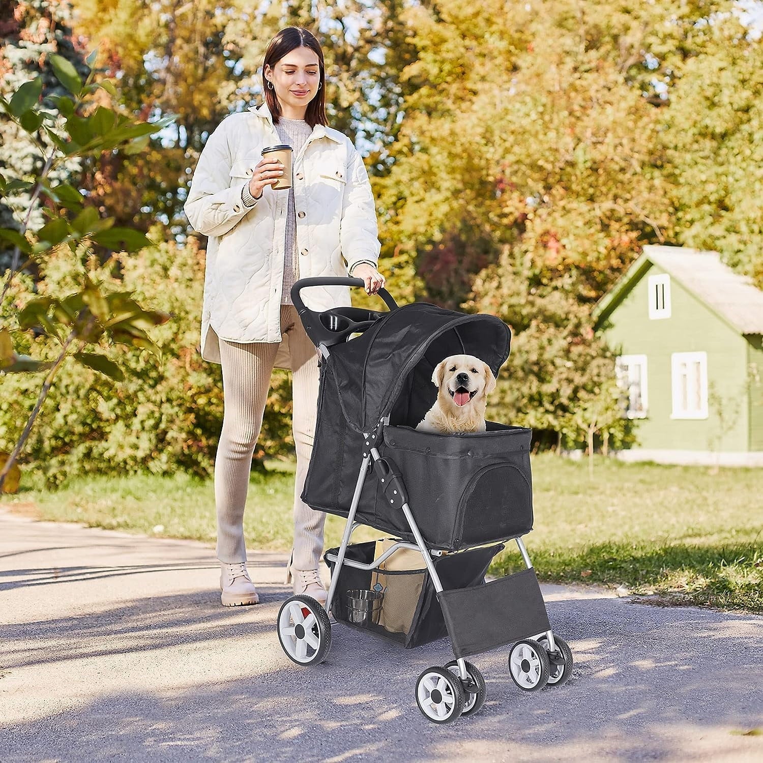 Foldable Cat/Dog Pet Stroller With 4 Wheel, Storage Basket, Cup Holder - Black - Image 9