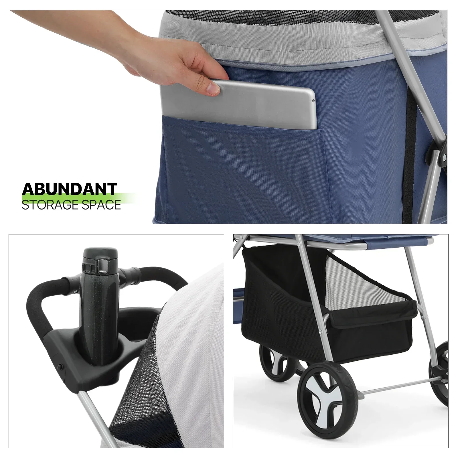 Magshion Foldable Pet Stroller, 4 Wheel, Navy Blue, 33 lbs Capacity - Image 7