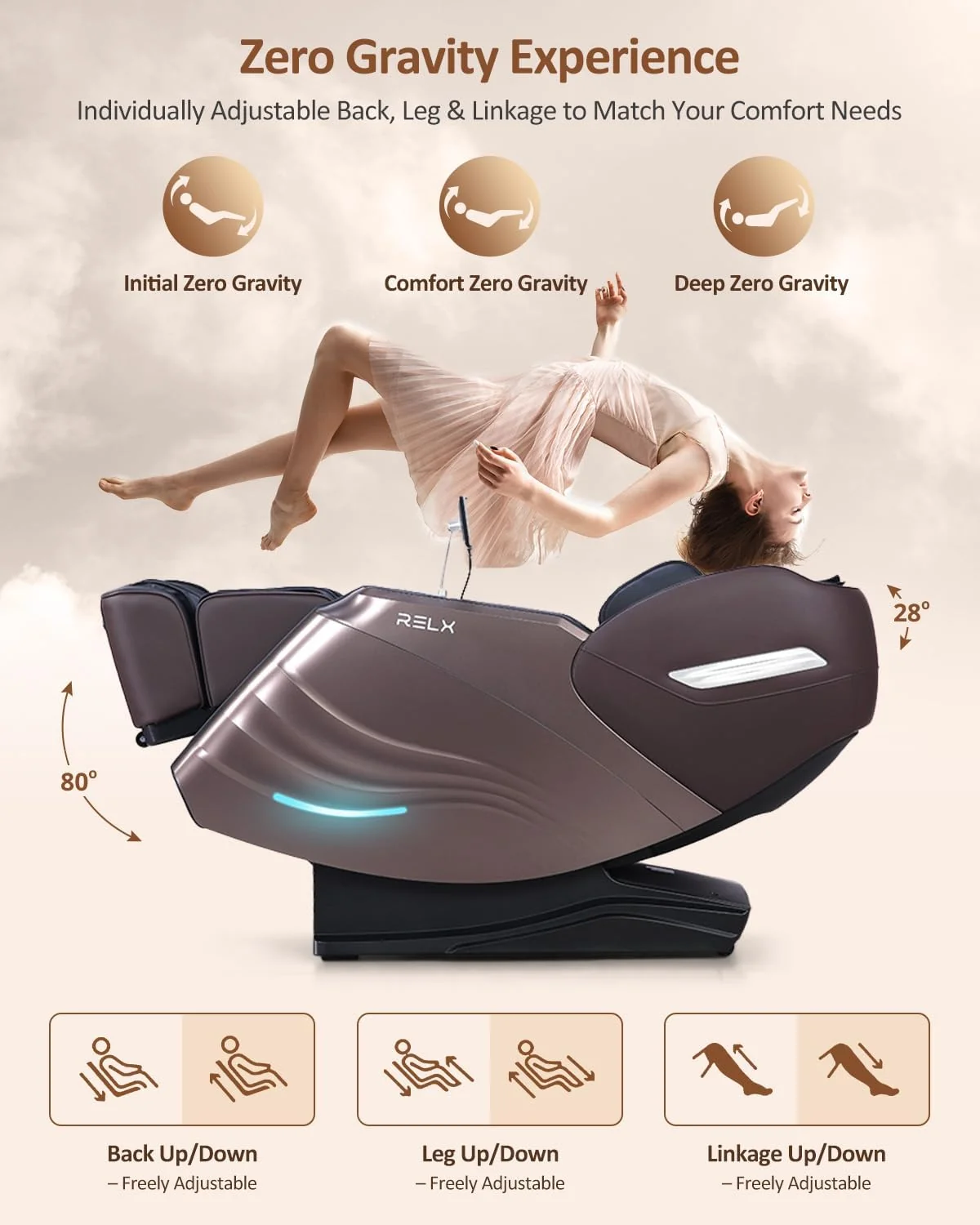 RELX Full Body Massage Chair, 20 Modes, 53-inch SL-Track, Brown - Image 6