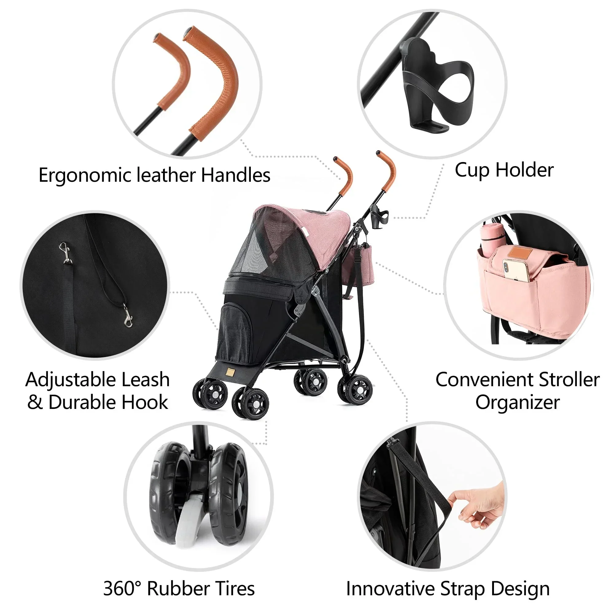 3 In 1 Folding Pet Stroller With Storage Basket And Cup Holder, Pink - Image 5