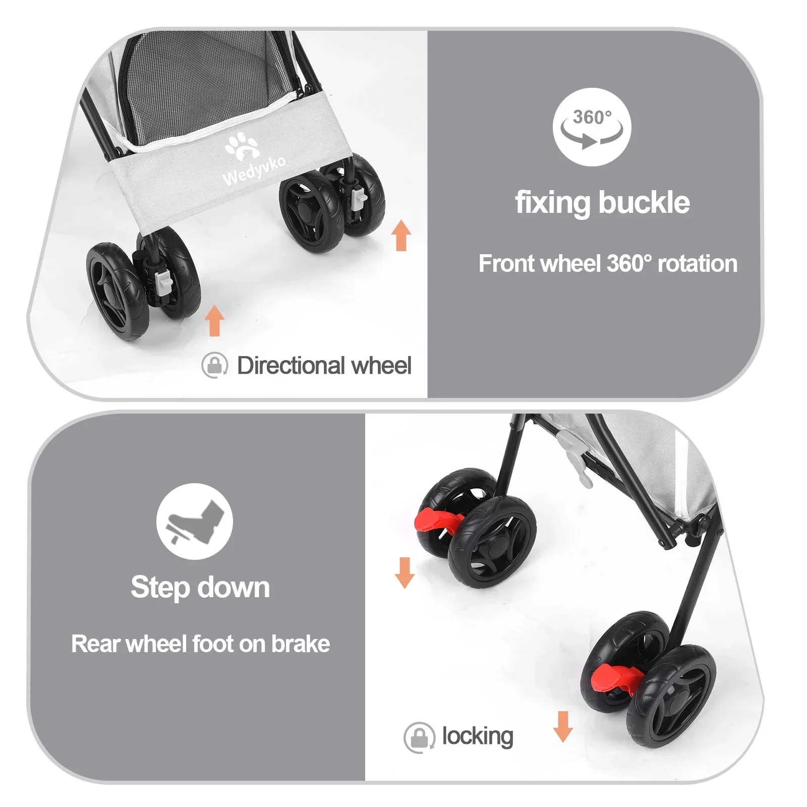 4-Wheel Foldable Cat And Dog Stroller With Storage Basket And 360 Degree Front Wheels - Gray - Image 3