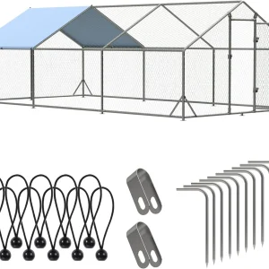 Metal Walk-In Chicken Run Cage With Waterproof Anti-Ultraviolet Cover, 19.6' L x 9.8' W x 6.4' H