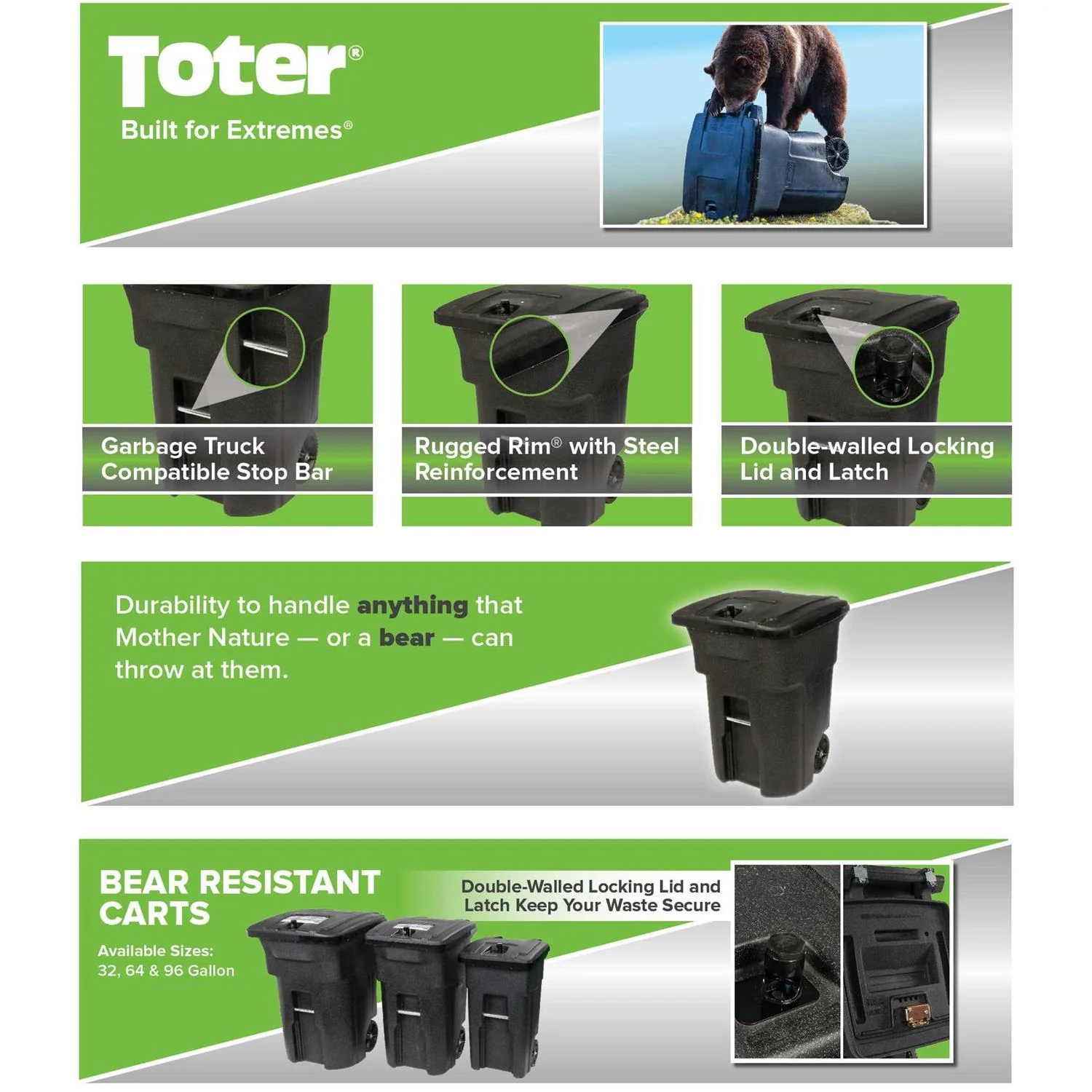 Toter Wheeled Trash Can, 96 Gallon, Black - Image 3