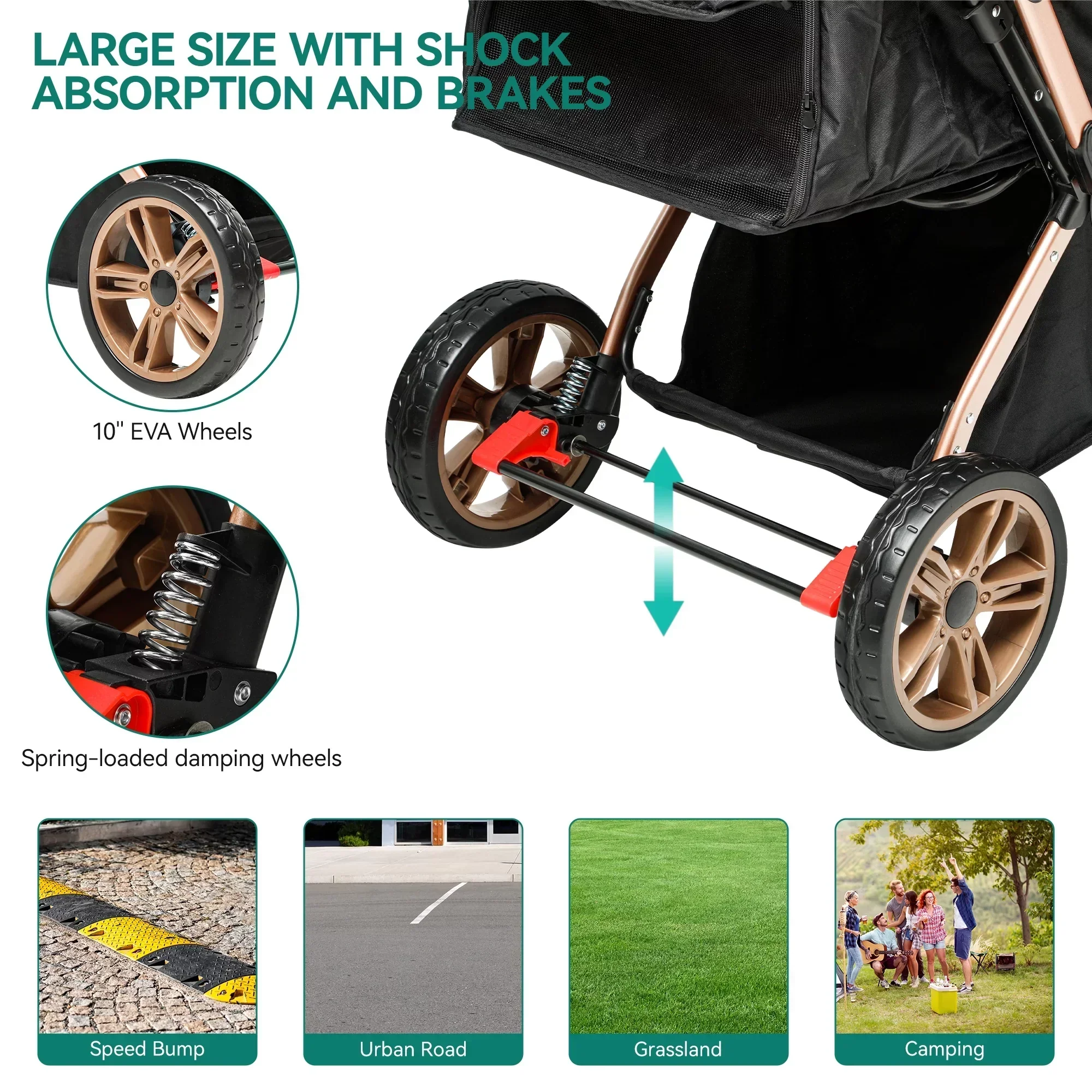 Dextrus 4-Wheel Foldable Pet Stroller With 7-inch Front And 10-inch Rear Wheels, 48.5 lbs Capacity - Image 2