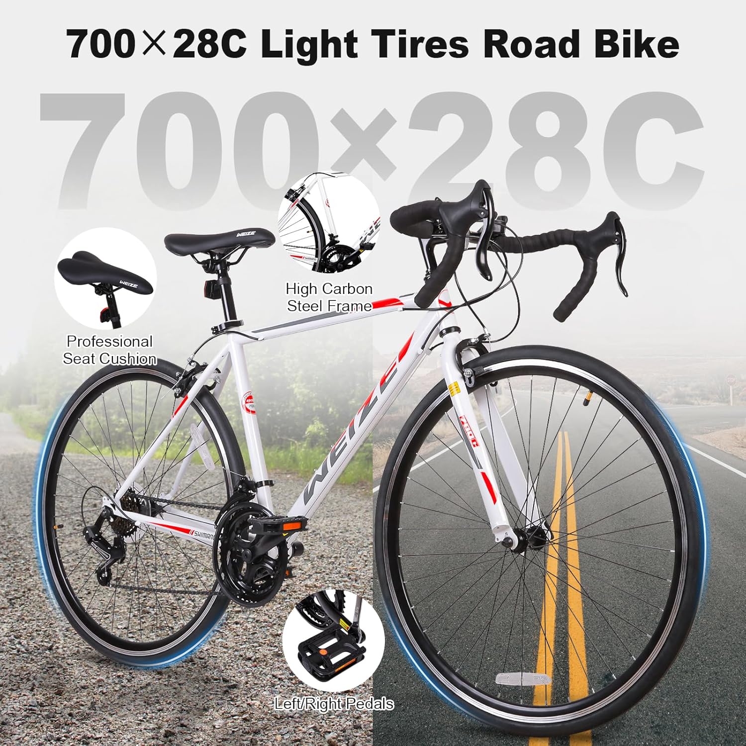 WEIZE Road Bike, 700C Wheel City Commuter Bicycle, Shimano 14 Speed Drop Bar, Racing Adult Bike with Caliper Brakes, High-Carbon Steel Hybrid Bikes - Image 6