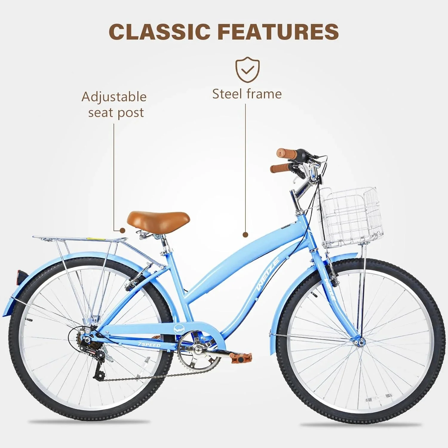 WEIZE Beach Cruiser Bike, 26 inch Commuter Bicycle for Adult Men and Women, 7-Speed/High-Carbon Steel/Front & Rear Fenders, Comfortable City Bikes with Rear Rack or Basket, Ergonomic Upright Design - Image 11