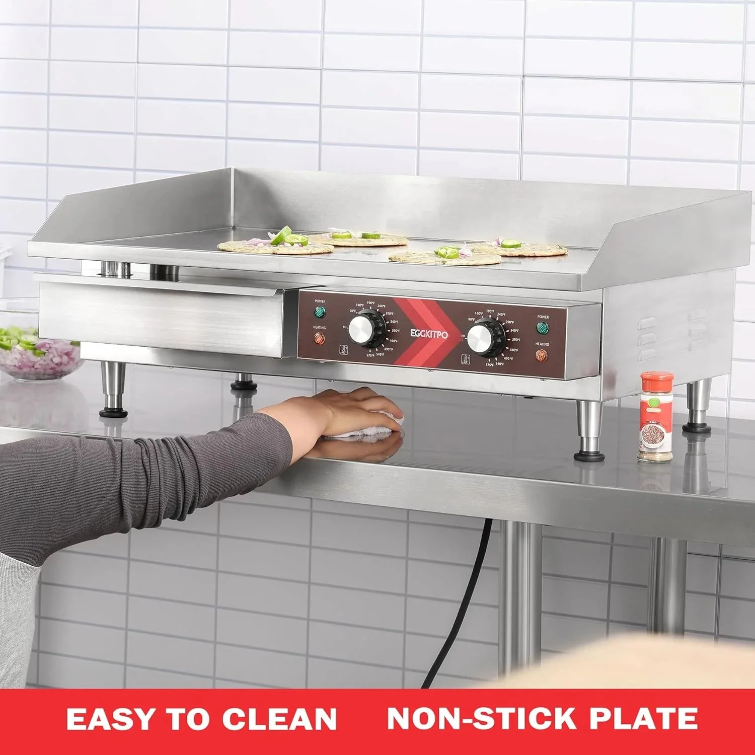 14 Inch Electric Griddle, Non-Stick Flat Top Grill Commercial Electric Countertop Griddles Stainless Steel Adjustable Temperature Control 90F-575F for Home or Restaurant Use - Image 6