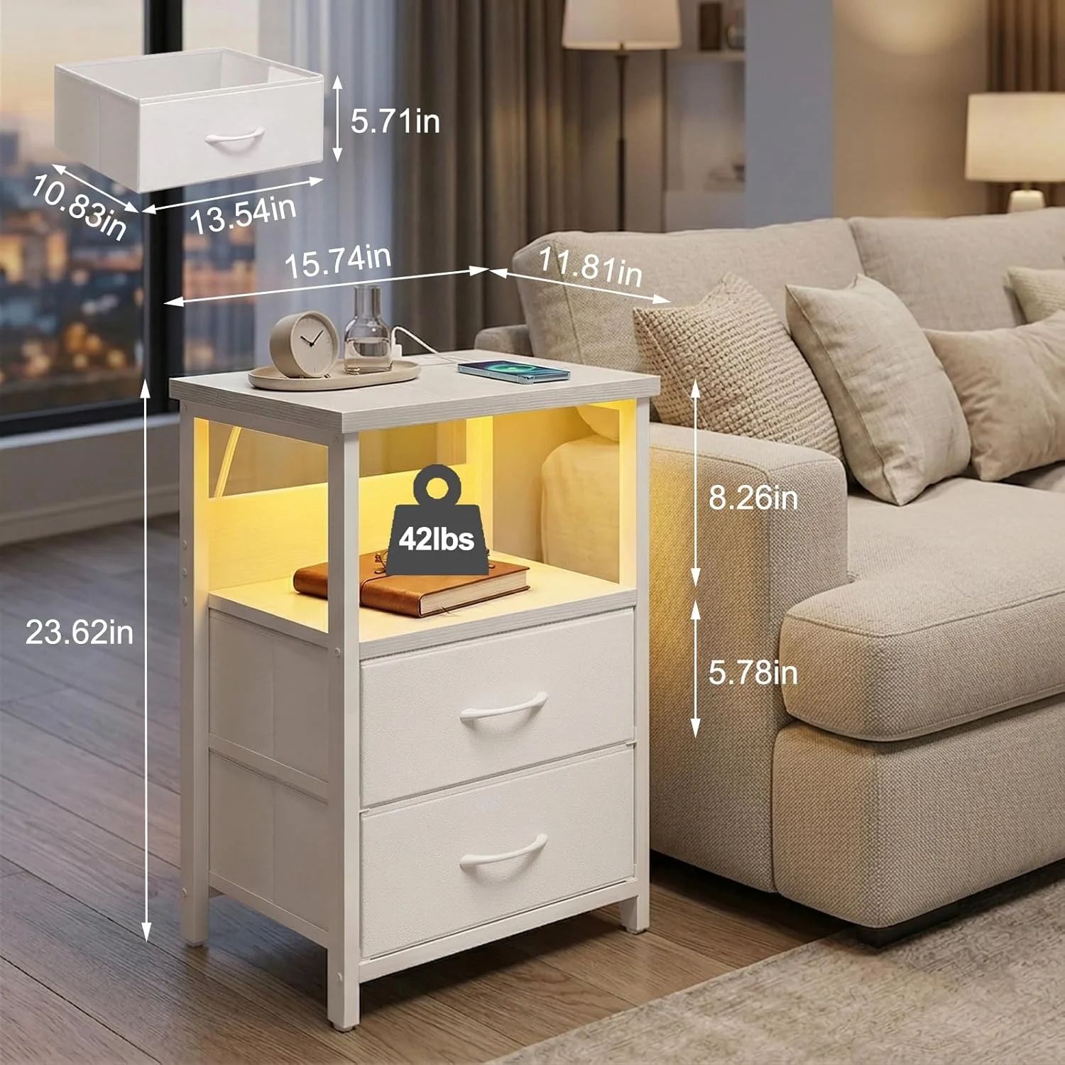 White LED Nightstand with Charging Station, 2 Fabric Drawers & Open Shelf - Image 4