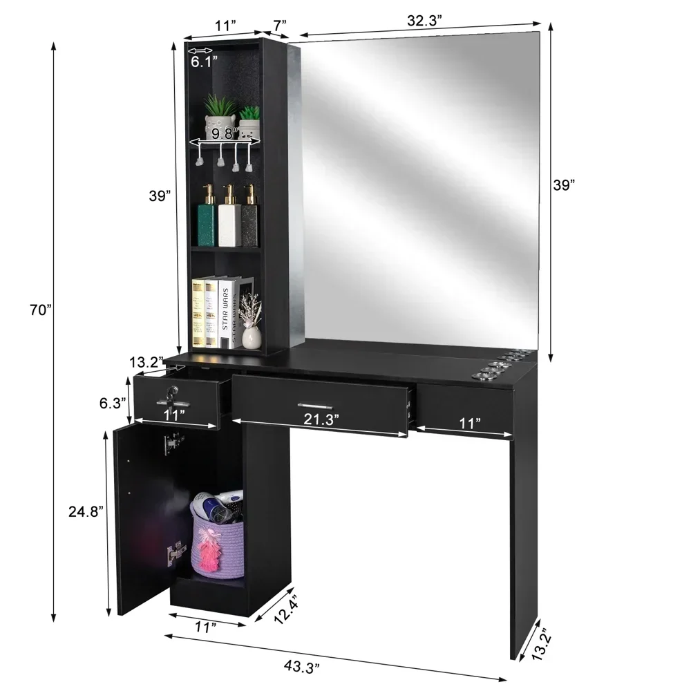 OmySalon Wall-Mount Barber Station With Mirror, 2 Drawers, 1 Storage Cabinet And 3 Open Shelves - Image 3