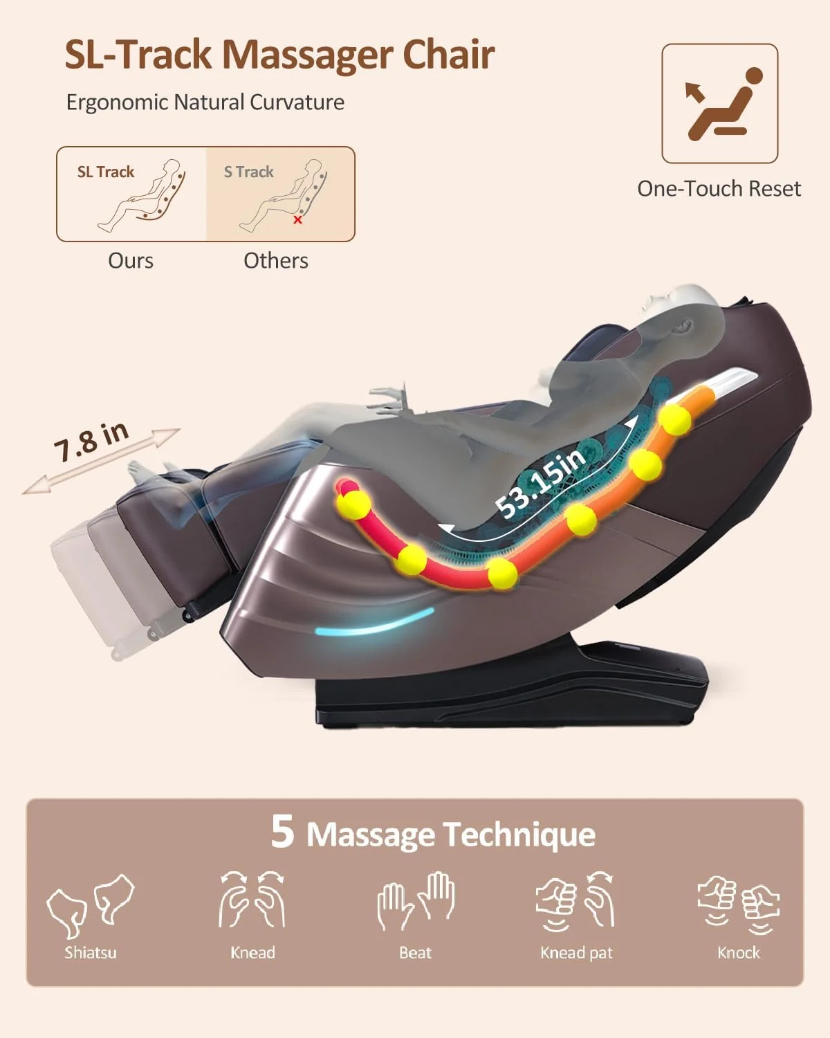 RELX Full Body Massage Chair, 20 Modes, 53-inch SL-Track, Brown - Image 5