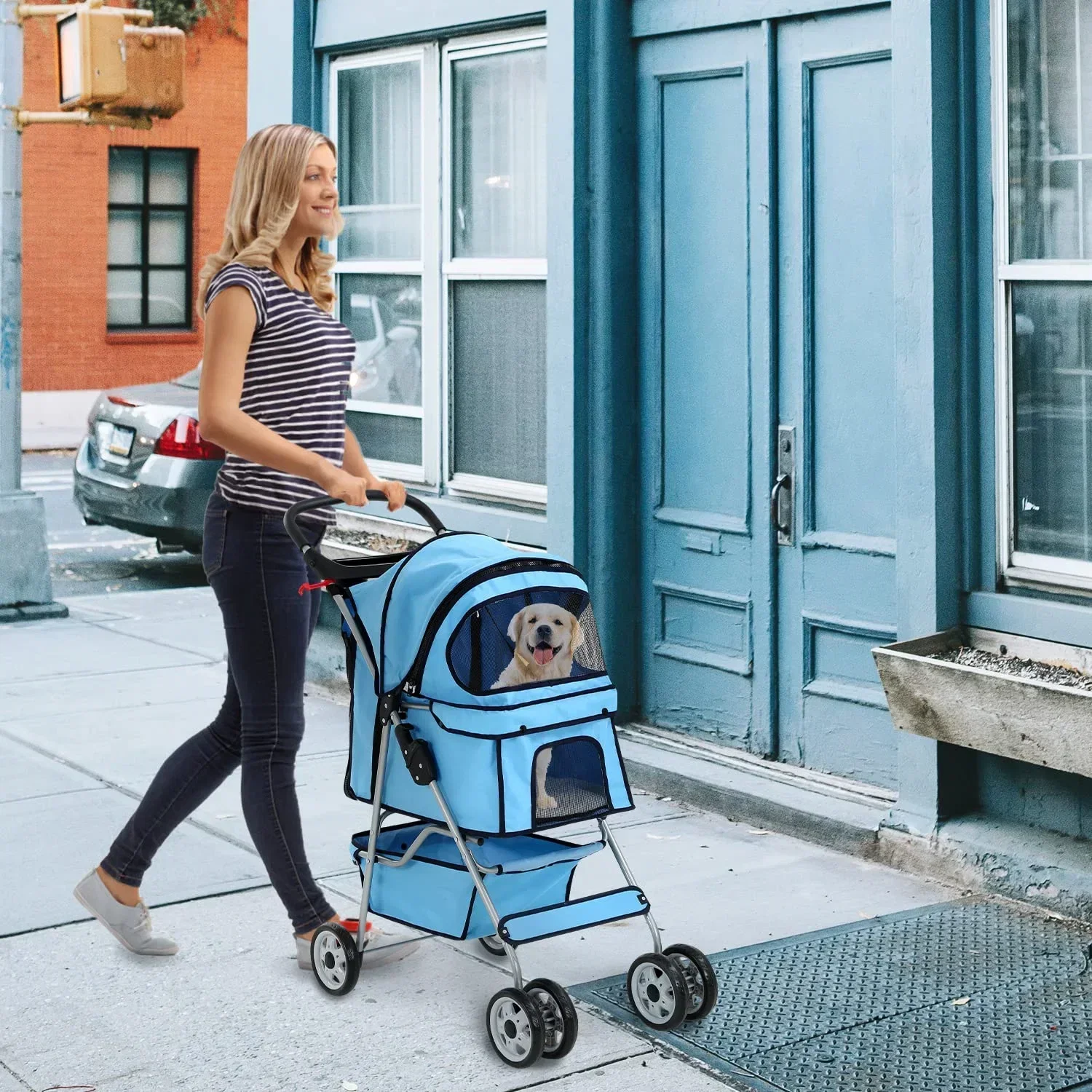 Dkelincs Folding Pet Stroller With Cup Holder And Storage Basket, Blue - 35 lbs - Image 6